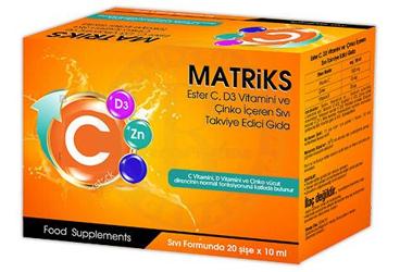 MATRIKS ESTER C, D3 VITAMINI VE CINKO ICEREN SIVI TAKVIYE EDICI GIDA  20x10 ml flakon
