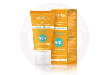 ALLDERMO AKNE & YAGLI CILTLER ICIN GUNES KORUYUCU KREM SPF 50+  50 ml tüp