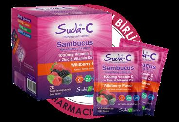 SUDA-C SAMBUCUS KARA MURVER EKSTRESI, VITAMIN C, CINKO, VITAMIN D3 ICEREN KIRMIZI MEYVE AROMALI EFERVESAN SASE  20 saşe