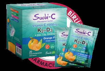 SUDA-C VITAMIN C, K2+D3, ZINC (CINKO), ICEREN PORTAKAL AROMALI EFERVESAN SASE  20 saşe