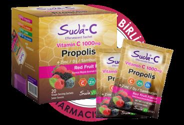 SUDA-C VITAMIN C, PROPOLIS, CINKO, VITAMIN D3, KARA MURVER EKSTRESI ICEREN KIRMIZI MEYVE AROMALI EFERVESAN SASE  20 saşe