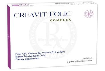 CREAVIT FOLIC COMPLEX FOLIK ASIT, VITAMIN B6, VITAMIN B12 VE IYOT ICEREN TAKVIYE EDICI GIDA  30 tablet