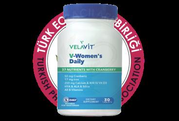 VELAVIT V-WOMEN'S DAILY BUYUK MEYVELI VAKSINIYUM, MULTIVITAMIN VE BITKI EKSTRELI TAKVIYE EDICI GIDA  30 tablet