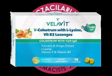 VELAVIT V-COLOSTRUM WITH L-LYSINE, VIT B2 LOZENGES TAKVIYE EDICI GIDA PASTIL  15 pastil