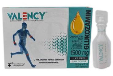 VALENCY GLUKOZAMIN SULFAT ICEREN ELMA AROMALI LIKIT TAKVIYE EDICI GIDA 1500 mg 30x10 ml şişe