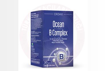 OCEAN B COMPLEX B1,B2,B3,B5,B6,B12,FOLIK ASIT, BIOTIN, INOSITOL, KOLIN ICEREN TAKVIYE EDICI GIDA  50 kapsül