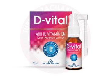 D-VITAL VITAMIN D3 ICEREN SPREY TAKVIYE EDICI GIDA 400 IU 20 ml şişe