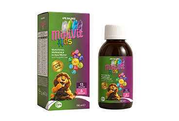 APB BALANCE MINIVIT KIDS MULTIVITAMIN, MULTIMINERAL VE KARA MURVER ICEREN SIVI TAKVIYE EDICI GIDA 150 ml şişe